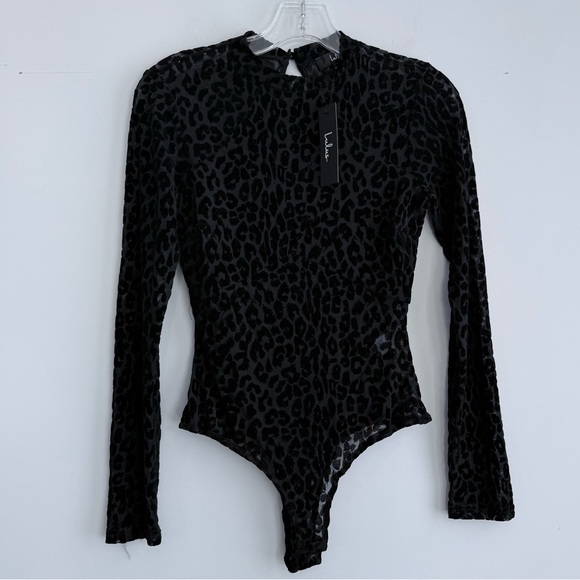 NWT LULUS SEMI SHEER LEOPARD PRINT VELVET THONG BODYSUIT BLACK S ANIMAL PRINT - Picture 7 of 16
